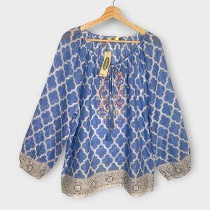 Dolma Artisan Beaded Popover Top LARGE 100% Cotton Resortwear Travel